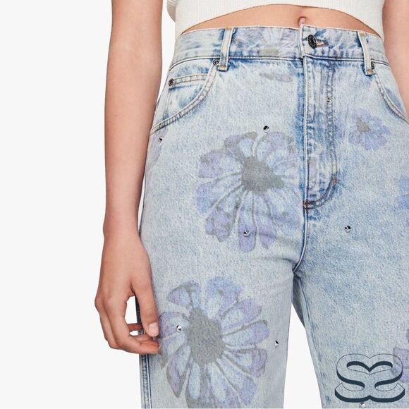 Sandro **NWT** Blossom Floral Print Rhinestone Straight Jeans in Blue Je… - Picture 4 of 15